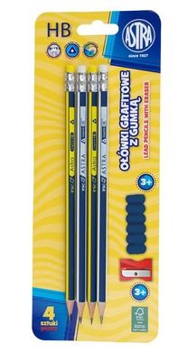 Astra, ołówki grafitowe z gumką, temperówką i nakładką, 4 szt.
