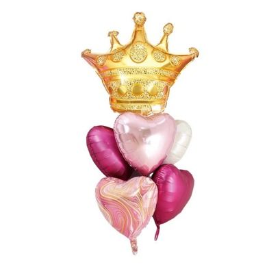Balony foliowe, korona z sercami, zestaw, 6 szt.