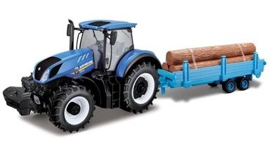Bburago, New Holland T7.315, traktor z przyczepą i belami słomy, niebieski, 1:32