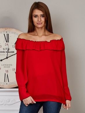 Bluzka damska z długim rękawem, czerwona, Italy Moda