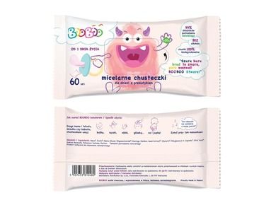 BOOBOO, Micelarne chusteczki nawilżane z prebiotykiem dla dzieci, 60 szt.