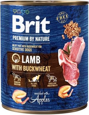 Brit, Premium by Nature, karma dla psów wszystkich ras, jagnięcina, gryka, jabłka, 800g