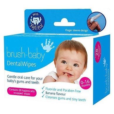 Brush-Baby, chusteczki do czyszczenia dziąseł i zębów mlecznych, bananowe, 0-16 miesięcy, 28 szt.