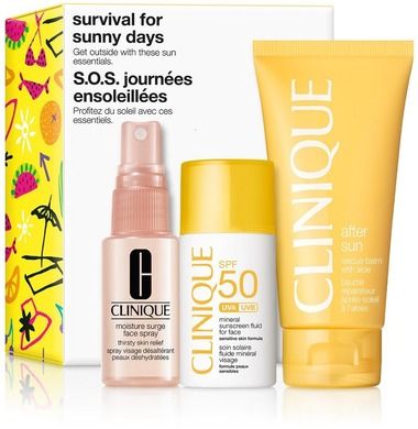 Clinique, Survival For Sunny Days, zestaw, Moisture Surge Face, spray, 30 ml + SPF50 Mineral Sunscreen, Fluid For Face, 30 ml + After Sun Rescue Balm With Aloe, 75 ml
