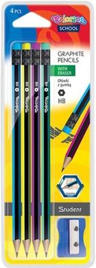 Colorino School, zestaw: ołówki heksagonalne z gumką, 4 sztuki + temperówka