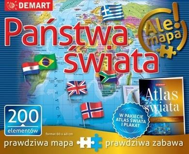 Demart, Puzzle: Państwa świata + atlas, puzzle, 200 elementów