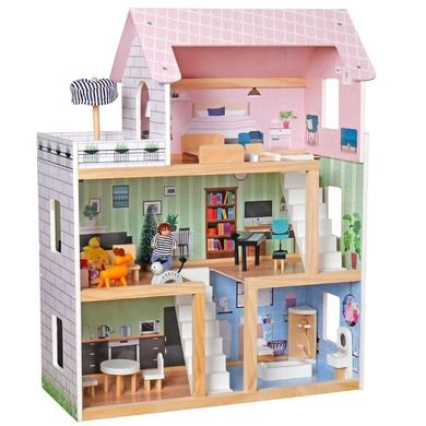 Enero Toys, domek dla lalek z wyposażeniem i figurkami, drewniany, led