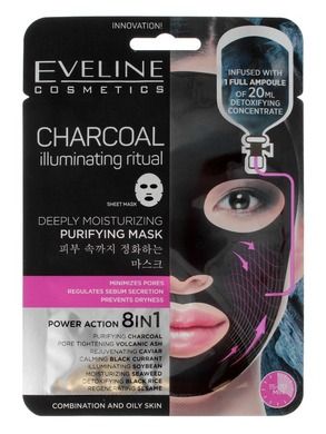 Eveline, Sheet Mask Charcoal, maska na tkaninie, oczyszczająca, 8w1