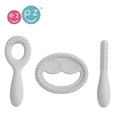 Ezpz, Oral Development Tools, zestaw silikonowych gryzaków sensomotorycznych, pastelowa szarość