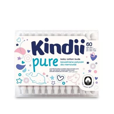 Kindii, Pure, bawełniane patyczki higieniczne dla niemowląt, 60 szt.