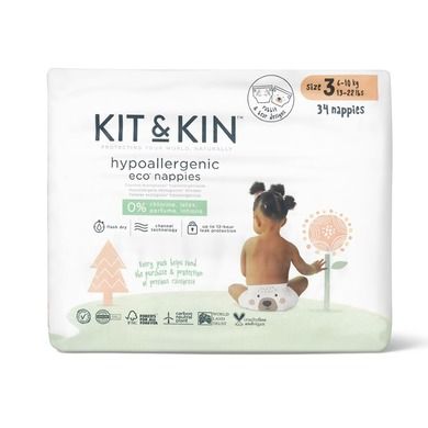 Kit & Kin, biodegradowalne pieluszki jednorazowe, rozmiar 3, Maxi, 6-10 kg, miś i królik, 34 szt.
