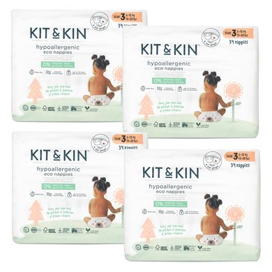 Kit & Kin, biodegradowalne pieluszki jednorazowe, rozmiar 3, Maxi, 6-10 kg, miś i królik, 4-34 szt.