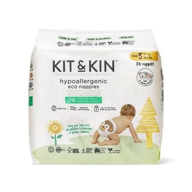 Kit & Kin, biodegradowalne pieluszki jednorazowe, rozmiar 5, Junior, 11 kg+, koala i małpka, 28 szt.