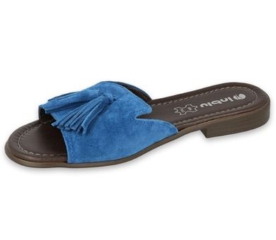 Klapki damskie, skórzane, niebieskie, Inblu