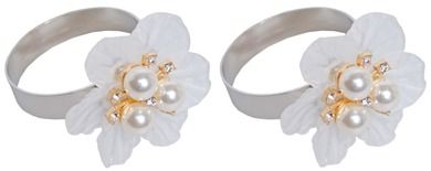 Komplet 2 serwetników obrączkowych, białe kwiaty, z perłami, 4-4-5 cm