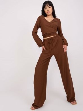Komplet damski, Bluzka z długim rękawem, Spodnie materiałowe, brązowy, Lakerta