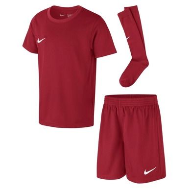 Komplet sportowy chłopięcy, T-shirt, Szorty, Getry piłkarskie, czerwony, Nike Park 20 Little Kids Set