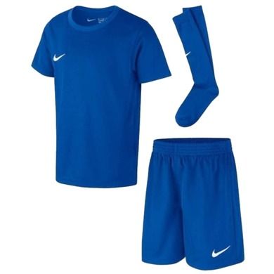 Komplet sportowy chłopięcy, T-shirt, Szorty, Getry piłkarskie, niebieski, Nike Park 20 Little Kids Set