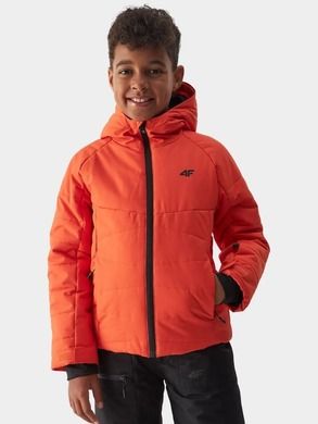 Kurtka narciarska chłopięca z kapturem, pomarańczowa, 4F