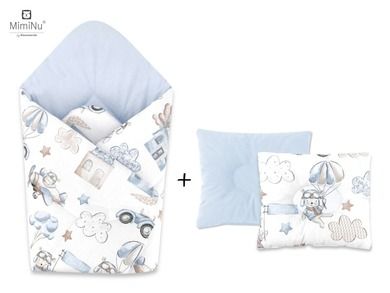 MimiNu, Piloci, zestaw: rożek niemowlęcy + poduszka profilowana, velvet, błękit