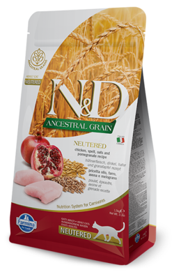 N&D Ancestral Grain, Neutered, karma dla kotów dorosłych po kastracji, kurczak, 1,5 kg