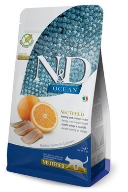 N&D, Ocean, Herring & Orange, Neutered, Adult, sucha karma dla kotów kastrowanych, 1,5 kg