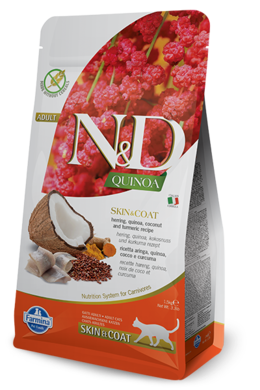N&D Quinoa, Skin & Coat, karma dla kotów dorosłych, śledź, quinoa, kokos i kurkuma, 300 g