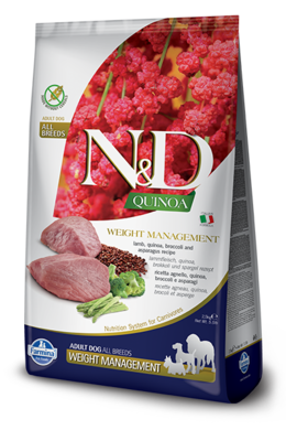 N&D Quinoa, Weight Management, karma dla psów dorosłych, odchudzanie, jagnięcina, quinoa, brokuł i szparagi, 7 kg