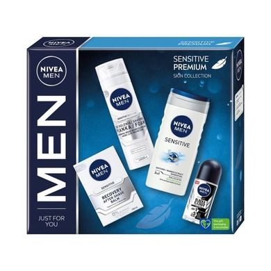 Nivea Men, Sensitive Premium, zestaw, żel pod prysznic 250 ml + antyperspirant roll-on 50 ml + balsam po goleniu 100 ml + pianka do golenia 200 ml