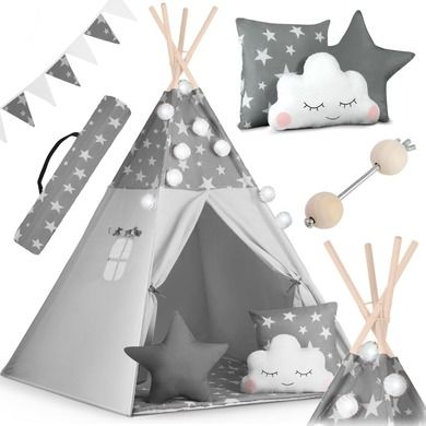 Nukido, namiot tipi dla dzieci z girlandą i światełkami, szary w gwiazdki