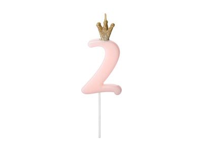 PartyDeco, świeczka urodzinowa, cyferka 2, jasny różowy, 9.5 cm, 1 szt.