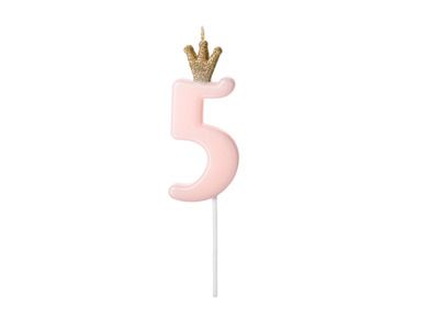 PartyDeco, świeczka urodzinowa, cyferka 5, jasny różowy, 9.5 cm, 1 szt.