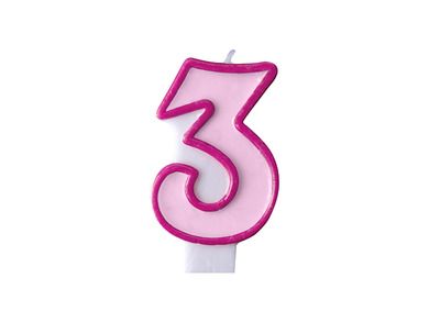 PartyDeco, świeczka urodzinowa na tort, cyferka 3, różowa, 7 cm