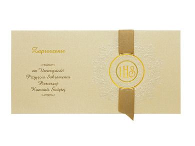 PartyDeco, zaproszenia komunijne ze złotą wstążką, 10 szt.