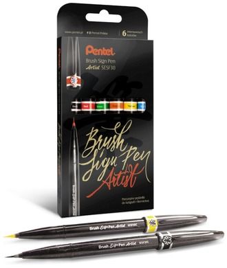 Pentel, Brush Sign Pen Artist, pisaki pędzelkowe, 6 kolorów