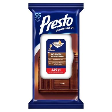 Presto, 2w1, ściereczka, płyn czyszczący do mebli drewnianych zamknięcie, Pop Up, 55 szt.
