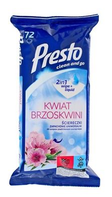 Presto, ściereczki czyszczące+płyn 2w1, uniwersalne, kwiat brzoskwini, 72 szt.