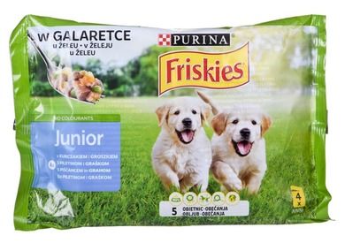 Purina Friskies, Junior, karma mokra dla psa, galaretka, kurczak groszek, 4-100 g
