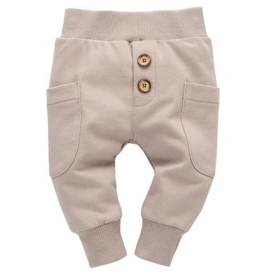 Spodnie dresowe niemowlęce, bawełna organiczna, beżowe, guziki, Pinokio