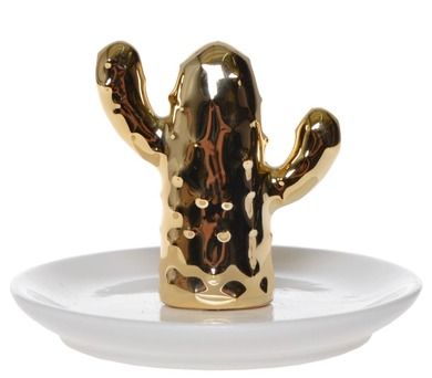 Talerzyk porcelanowy na biżuterię ze złotym kaktusem, 11-11-7.5 cm