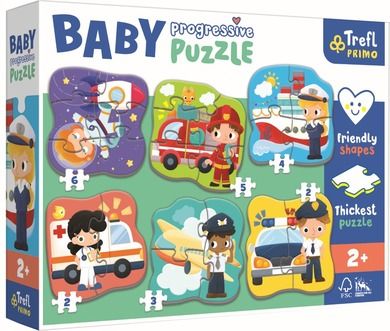 Trefl, Baby Progressive, Zawody i pojazdy, puzzle, 2, 3, 4, 5 i 6 elementów