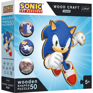 Trefl, Wood Craft Junior, Sonic the Hedgehog, Sprytny Sonic, puzzle drewniane, 50 elementów