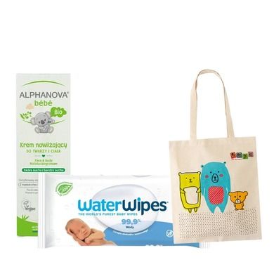 WaterWipes, BIO, Chusteczki nawilżane wodne, 60 szt. + Alphanova Bebe, krem do twarzy i ciała, 75 ml + torba