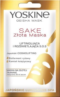 Yoskine, Geisha Mask Sake, złota maska na tkaninie, liftingująca i rozświetlająca S.O.S., 20 ml