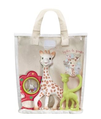 Żyrafa Sophie, zestaw Sophie z grzechotką i gryzakami, w bawełnianej torbie
