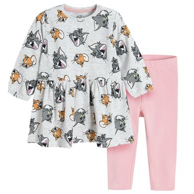Cool Club, Komplet dziewczęcy, Sukienka z długim rękawem, Legginsy, szary, różowy, Tom & Jerry