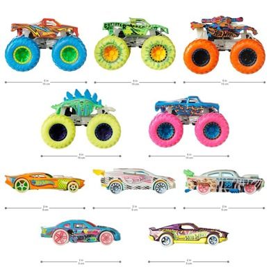Hot Wheels, Monster Trucks, Pojazdy świecące w ciemności, 10 szt.