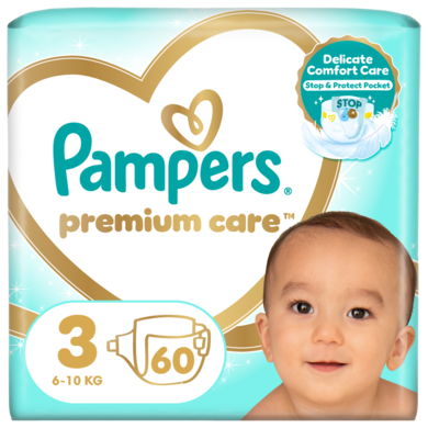 Pampers, Premium Care, pieluchy jednorazowe, rozmiar 3, 6-10 kg, 60 szt.