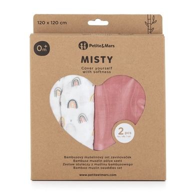 Petite&Mars, Misty, otulacz z muślinu bambusowego, Rose Rainbow, 120-120 cm, 2 szt.