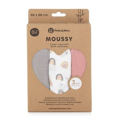 Petite&Mars, Moussy, pieluszka z muślinu bambusowego, Rose Rainbows, 68-68 cm, 3 szt.
